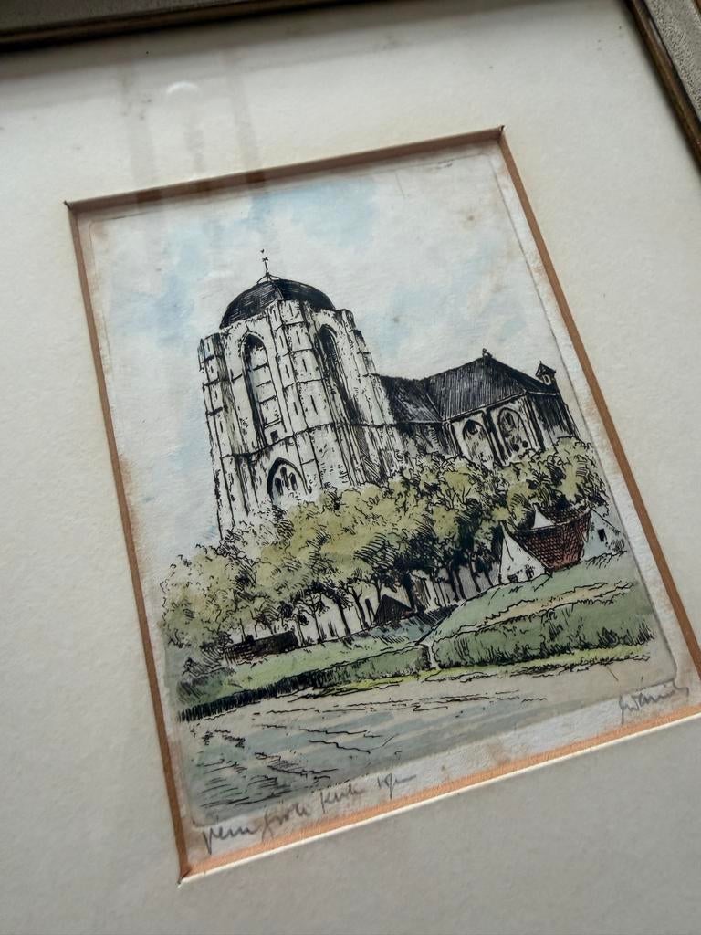 Ets Grote Kerk Veere, Antiek en Kunst, Kunst | Etsen en Gravures, Ets, Architectuur, Ophalen of Verzenden, Gesigneerd