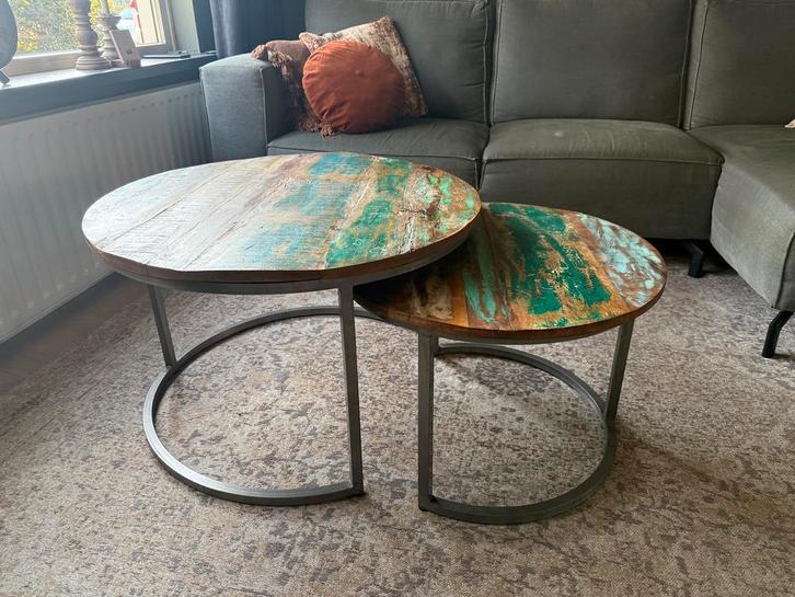 Twee ronde salontafels, Huis en Inrichting, Tafels | Salontafels, Zo goed als nieuw, Minder dan 50 cm, 50 tot 100 cm, Rond, Overige houtsoorten