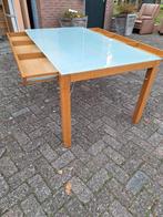 Kersenhouten eettafel met melkglas en 2 verborgen lades, Glas, 75 cm of meer, Ophalen of Verzenden, Zo goed als nieuw