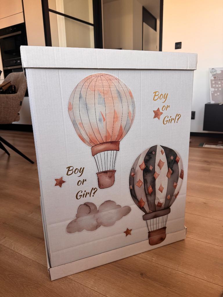 Gender reveal set  – doos, decoratie, bordjes en meer, Hobby en Vrije tijd, Feestartikelen, Ophalen, Zo goed als nieuw, Versiering