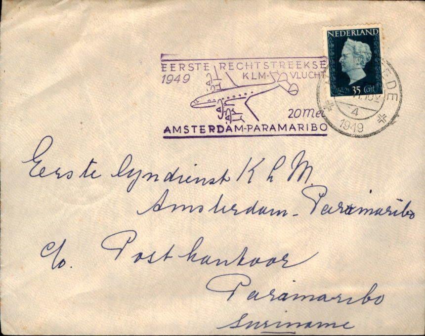 Suriname - FFC - KLM - 1949, Postzegels en Munten, Brieven en Enveloppen | Nederland, Verzenden, Envelop
