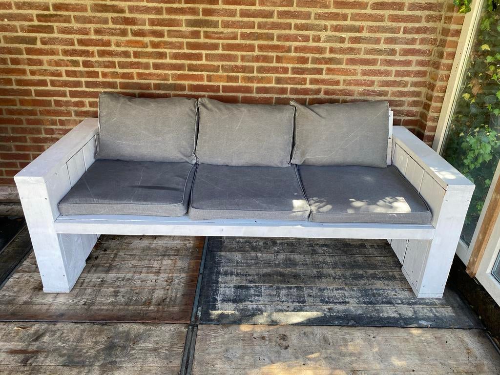Steigerhouten loungeset met kussens en salontafel, Ophalen, Gebruikt, 3 zitplaatsen, Steigerhout