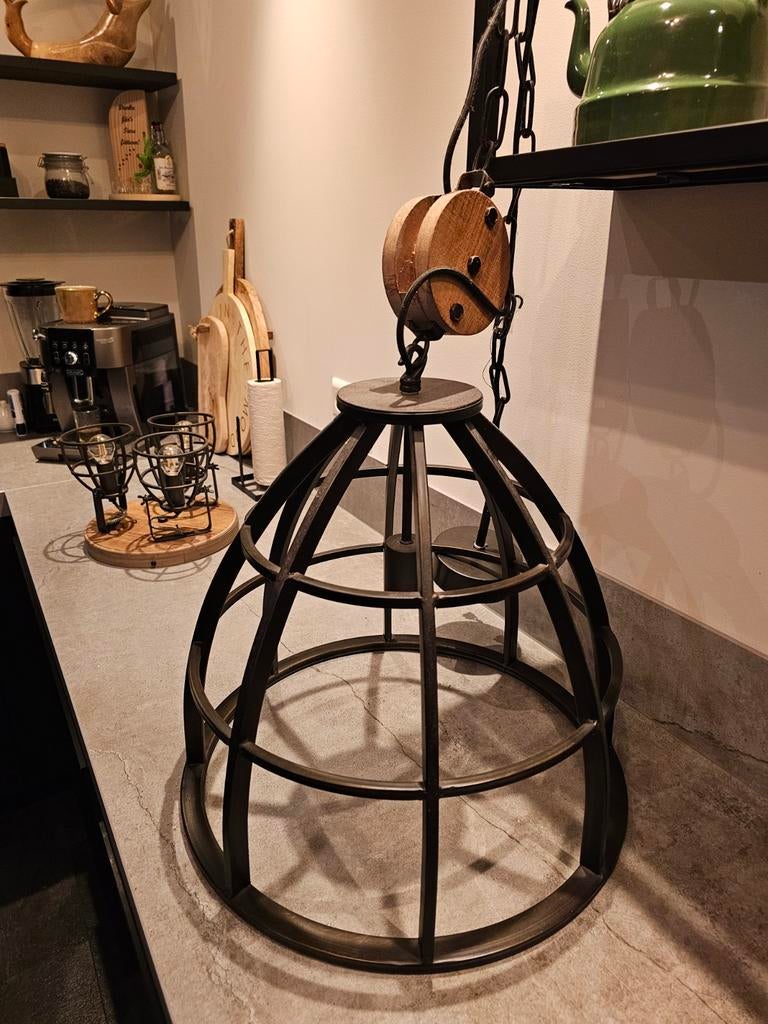 Industriële hanglamp en plafondlamp set, Industrieel gevlamd staal met mango hout, Ophalen of Verzenden, Zo goed als nieuw, Minder dan 50 cm