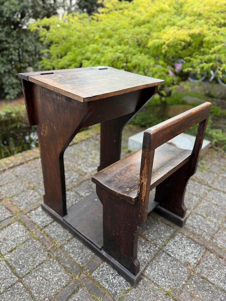 Antieke houten schoolbank met vaste bank vintage jaren 30-50, Antiek en Kunst, Antiek | Meubels | Tafels, Ophalen