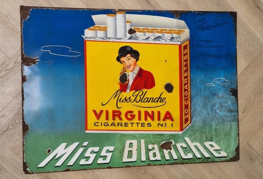 Antiek emaille reclamebord bord tabak Miss Blanche kunst, Verzamelen, Merken en Reclamevoorwerpen, Ophalen of Verzenden, Gebruikt