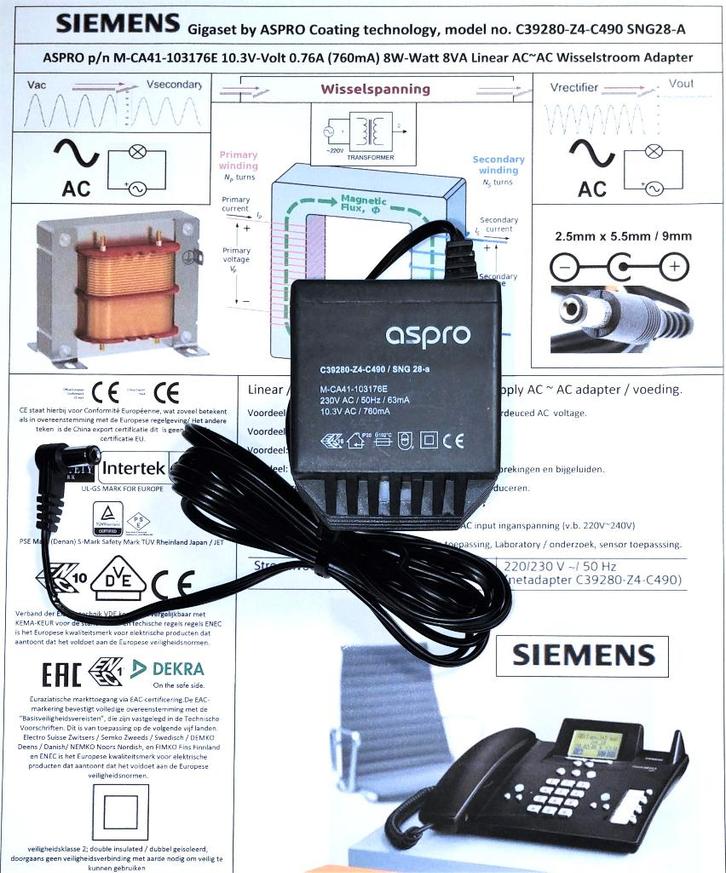 ASPRO C39280-Z4-C490 SNG28-A 10.3V 716mA AC AC Adapter Lader, Telecommunicatie, Vaste telefoons | Handsets en Draadloos, Zo goed als nieuw