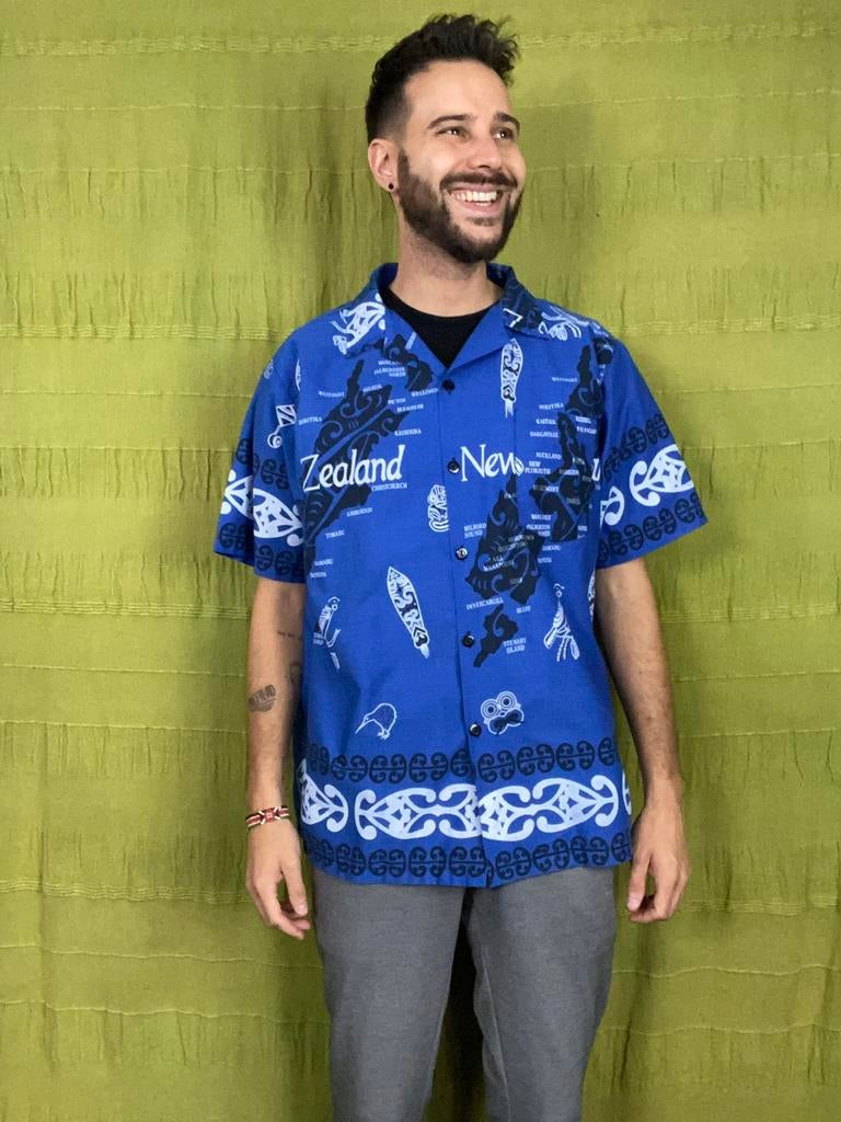 Vintage hawaii overhemd / shirt / print / blauw / large / L, Kleding | Heren, Overhemden, Gedragen, Halswijdte 41/42 (L), Blauw