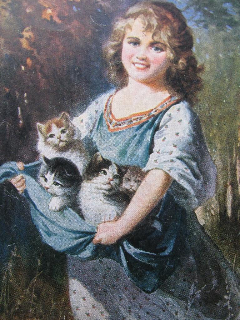 Oude Gesigneerde Kaart - Meisje met Schort / Poezen, Verzenden, 1920 tot 1940, Ongelopen, Kinderen