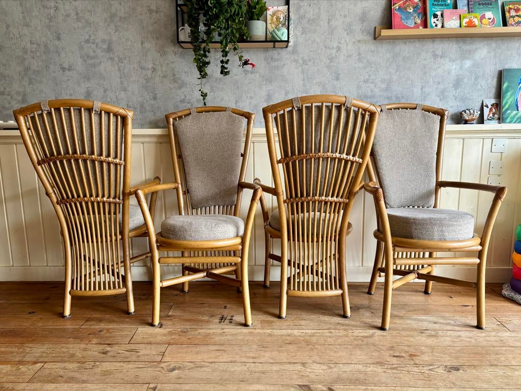 Vintage Schultz Rotan stoelen 4 stuks, Huis en Inrichting, Stoelen, Gebruikt, Bruin, Riet of Rotan, Ophalen of Verzenden