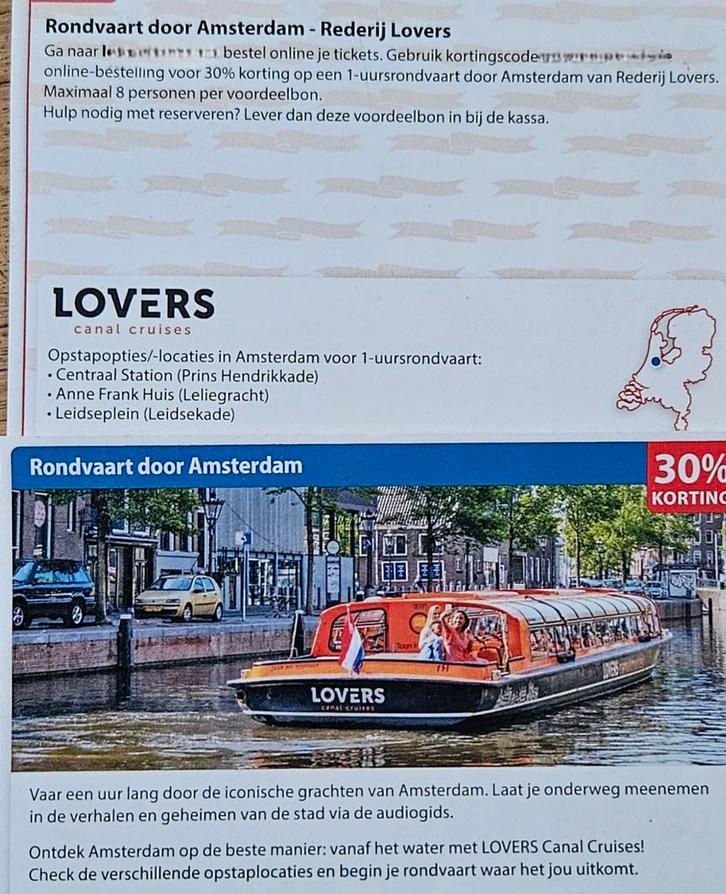 Rondvaart door Amsterdam - Rederij Lovers. 30% korting., Tickets en Kaartjes, Kortingen en Cadeaubonnen, Drie personen of meer