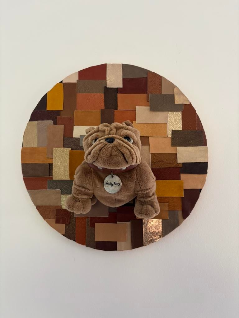 Stoer rond wandpaneel leren stukjes met Salty Dog, Eigen ontwerp, Nieuw, Ophalen of Verzenden, Natuurlijk materiaal