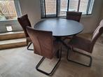 Ronde eettafel met trapezium voet en 4 stoelen, Gebruikt, Rond, Vier personen, Ophalen