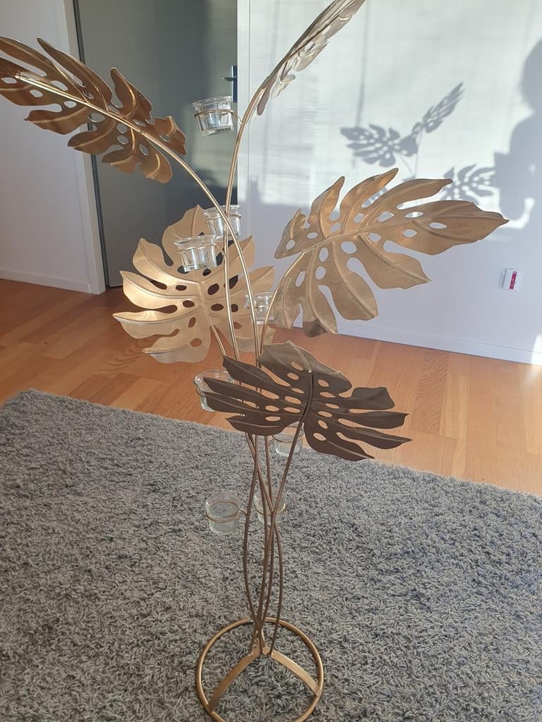 Gouden waxinelichtjes houder met monsterablad, Ophalen of Verzenden, Zo goed als nieuw