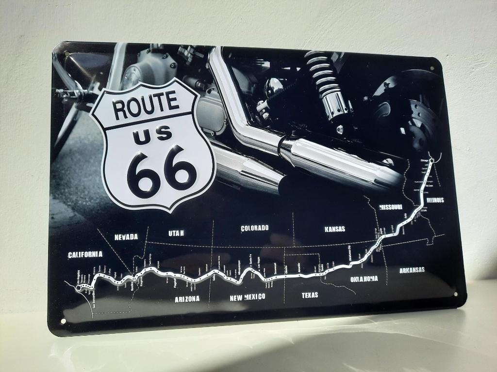 Route 66 Wandplaat, Metaal, 30 cm, Zwart, Vintage