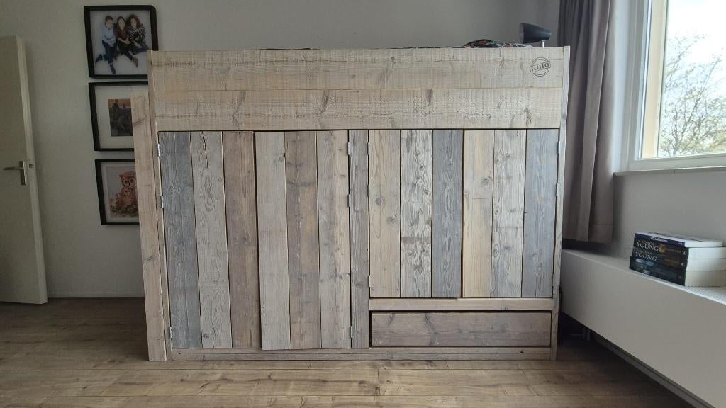 Stijgerhouten hoogslaper met kast, Ophalen, Gebruikt, Eenpersoons, 160 tot 180 cm