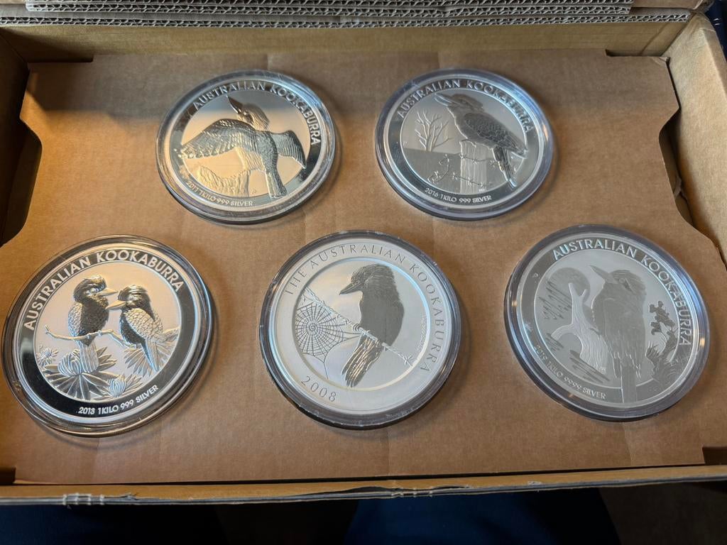 Kilo munten Kookaburra div jaren 999 zilver, Postzegels en Munten, Edelmetalen en Baren, Ophalen of Verzenden, Zilver