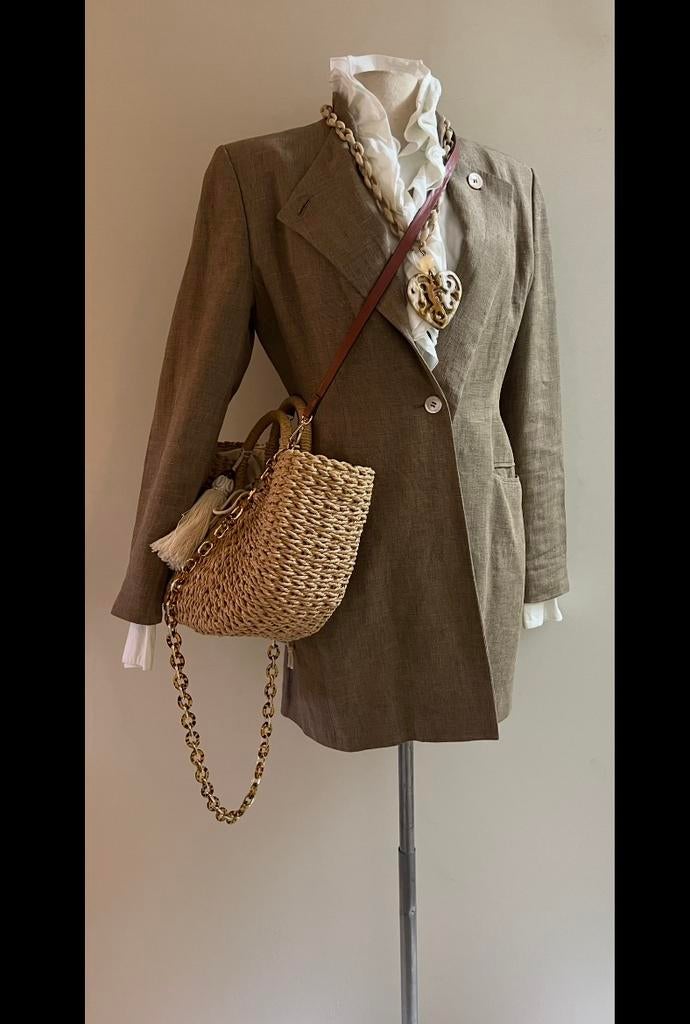 Pauw 4 40/42 linnen lange blazer licht kaki, Kleding | Dames, Jasjes, Kostuums en Pakken, Verzenden, Zo goed als nieuw