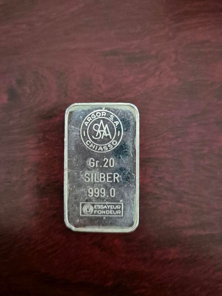 0.999 zilverbaar 20 gram Argor Chiasso, Postzegels en Munten, Edelmetalen en Baren, Ophalen of Verzenden, Zilver