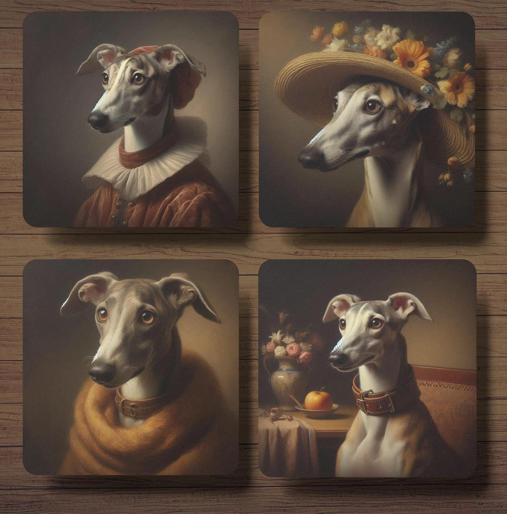 Whippet Rembrandt stijl onderzetters met houder, Ophalen of Verzenden, Nieuw, Glas of Kopje