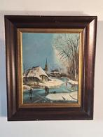 Schilderij winterlandschap met schaatsers, Ophalen of Verzenden