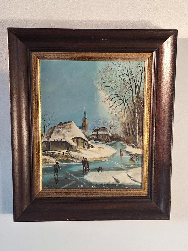 Schilderij winterlandschap met schaatsers, Antiek en Kunst, Kunst | Schilderijen | Klassiek, Ophalen of Verzenden