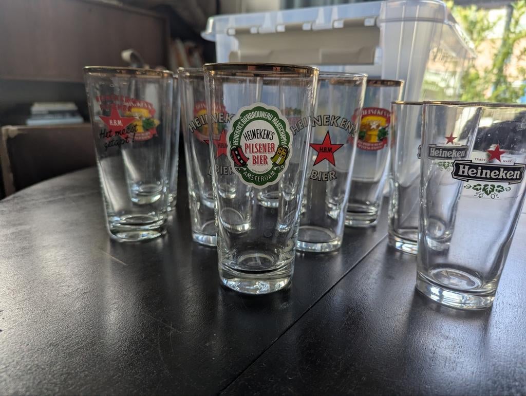 Vintage Heineken bierglazen, 11 stuks, Verzamelen, Ophalen, Zo goed als nieuw, Glas of Glazen, Heineken
