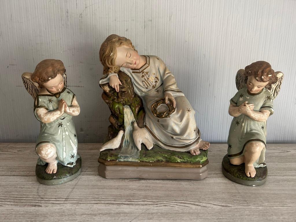 Jezus en Sint Janneke - 3 fraaie, polychroom beelden - 1920, Verzamelen, Ophalen, Gebruikt, Overige typen