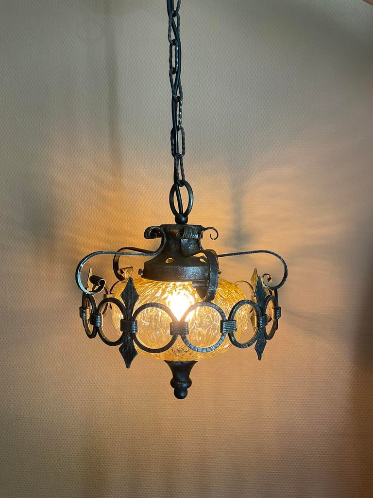 Kroonluchter hanglamp metaal met glas mid century vintage, Ophalen of Verzenden, Gebruikt, Glas
