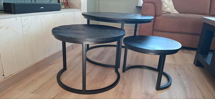 Set van 3 salontafels - zwart metaal en hout, Huis en Inrichting, Tafels | Salontafels, Gebruikt, Minder dan 50 cm, 50 tot 100 cm