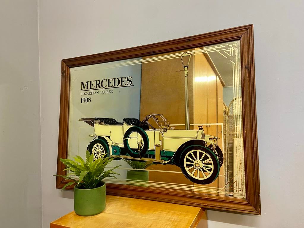 Grote XL vintage Mercedes edwardian 1908 pubspiegel spiegel, Ophalen, Reclamebord, Gebruikt, Nvt