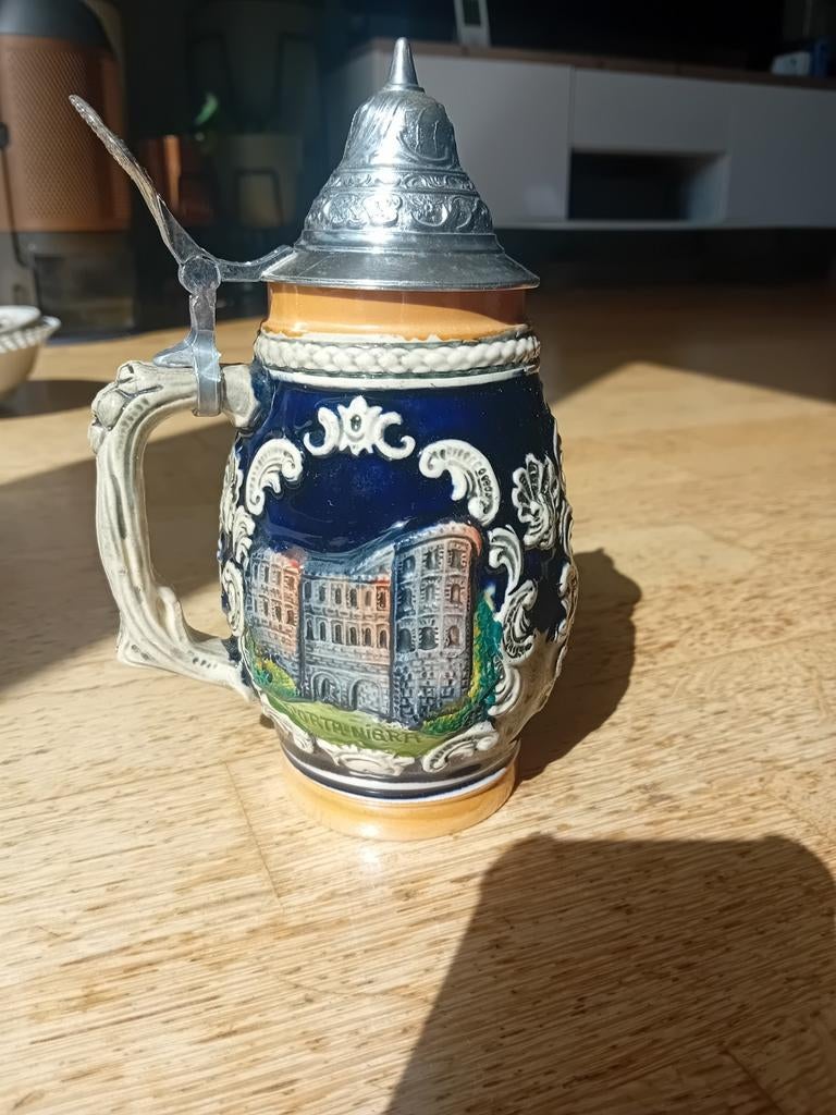 Bierpul met tinnen deksel en gebouwen, Antiek en Kunst, Ophalen of Verzenden