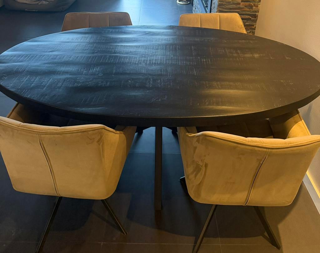 Eethoek zwart ovaal met velvet stoelen, Ophalen, Gebruikt, 50 tot 100 cm, 150 tot 200 cm