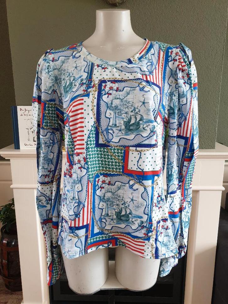 Maritiem mooie pofmouw top wit blauw XXL 44, Kleding | Dames, Tops, Zo goed als nieuw, Maat 46/48 (XL) of groter, Blauw, Lange mouw