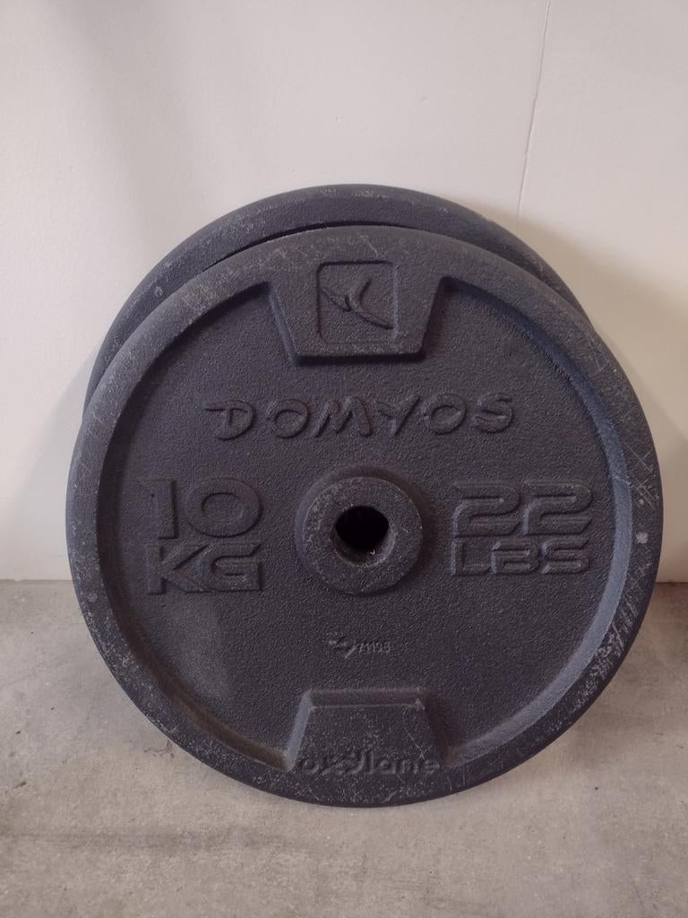 Domyos Halterschijven en Halterstang Set - 2x10kg, 2x5kg, Ophalen, Gebruikt, Rug, Halterstangen