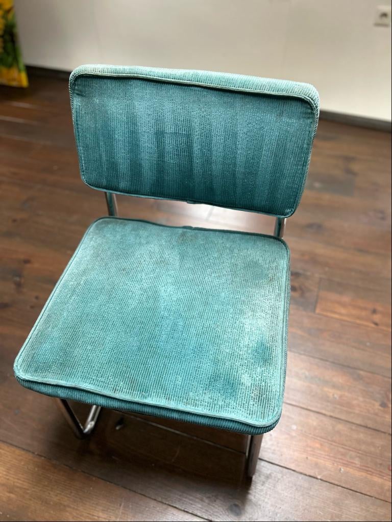 Setprijs voor 4 eetkamerstoelen Ridge Rib Turqoise, Ophalen, Gebruikt, Blauw, Metalen onderstel met ridge ribstof