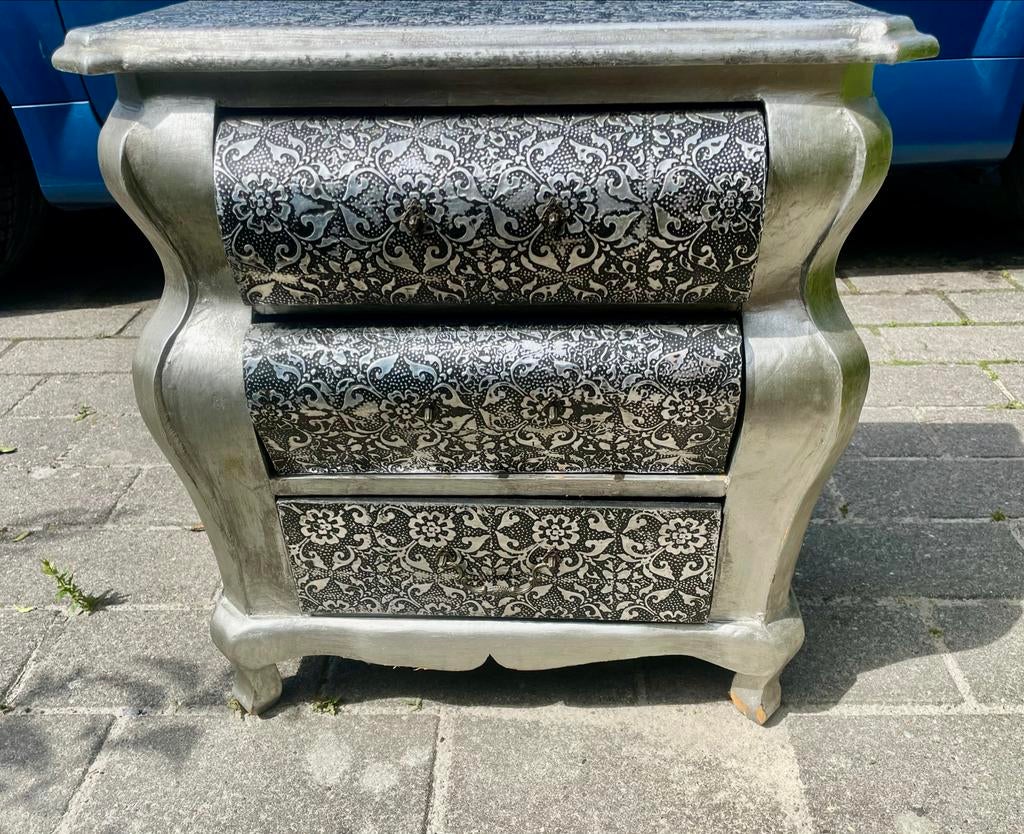 Decoratief buikkastje met 3 laden - Zilver/Zwart, Ophalen, Overige materialen, Minder dan 50 cm, Gebruikt