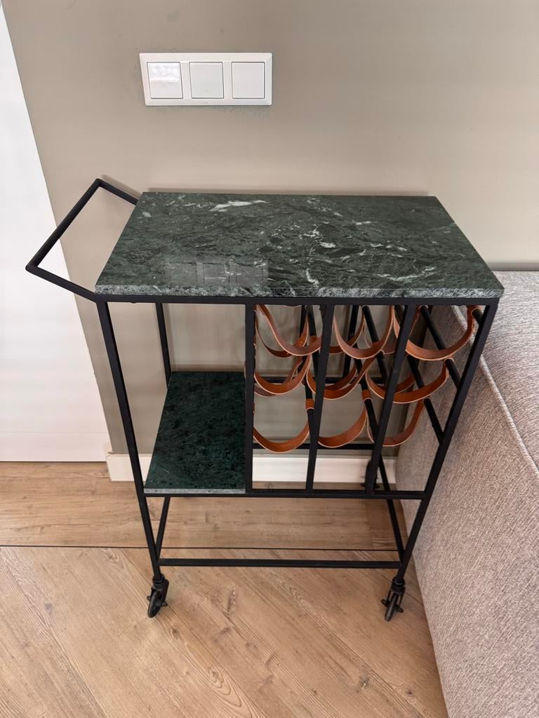 Dutchbone Trolley met groen marmeren blad en wijnrek, Ophalen, Zwart, Zo goed als nieuw, Metaal
