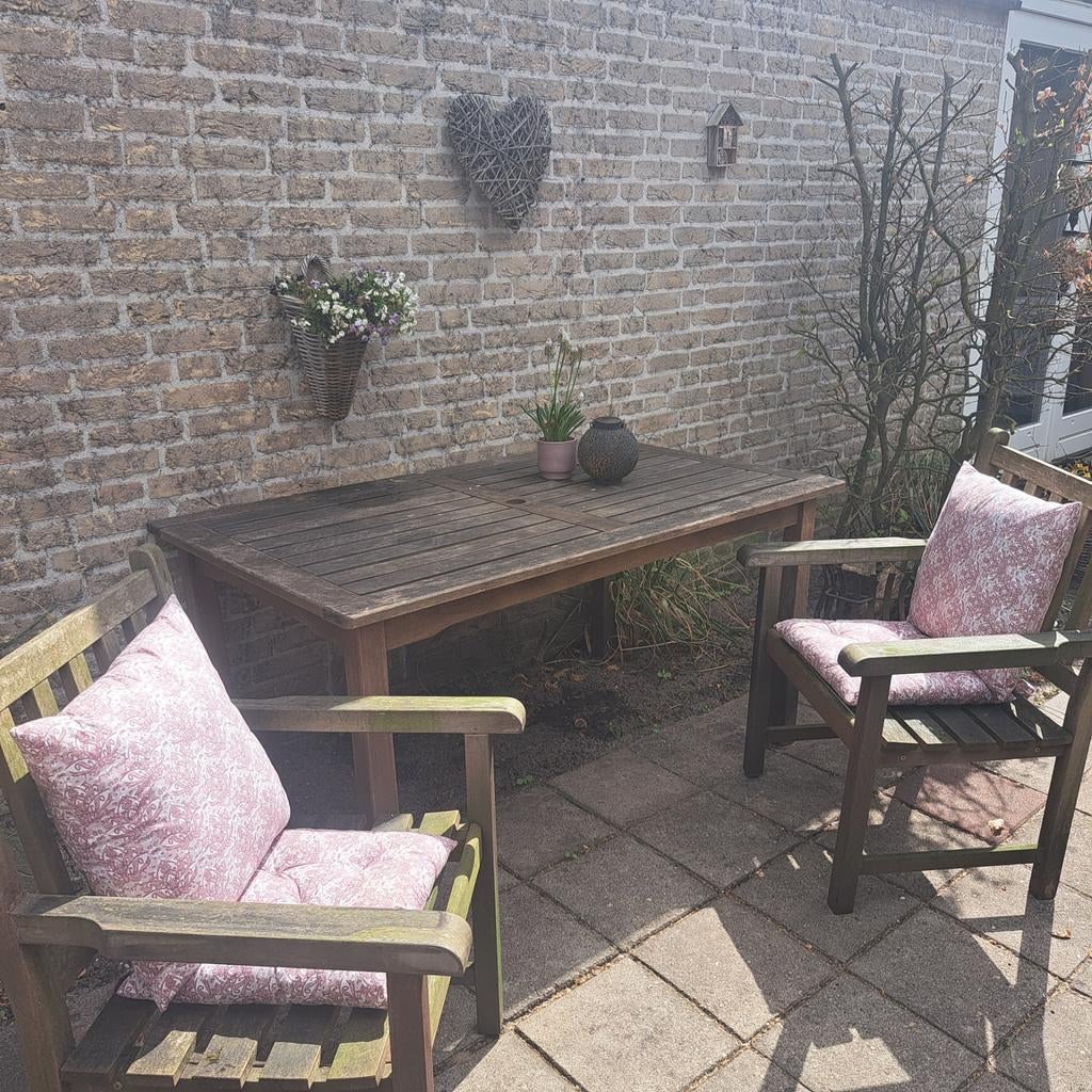 Houten tuinset, tafel en 4 stoelen., Ophalen, 4 zitplaatsen, Gebruikt, Tuinset