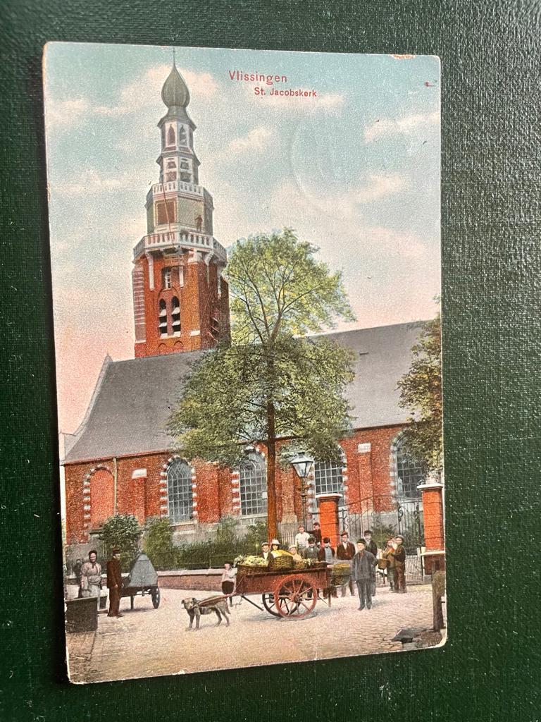 ansichtkaart van Vlissingen ; St. Jacobskerk met hondenkar., Verzamelen, Verzenden, 1920 tot 1940, Zeeland
