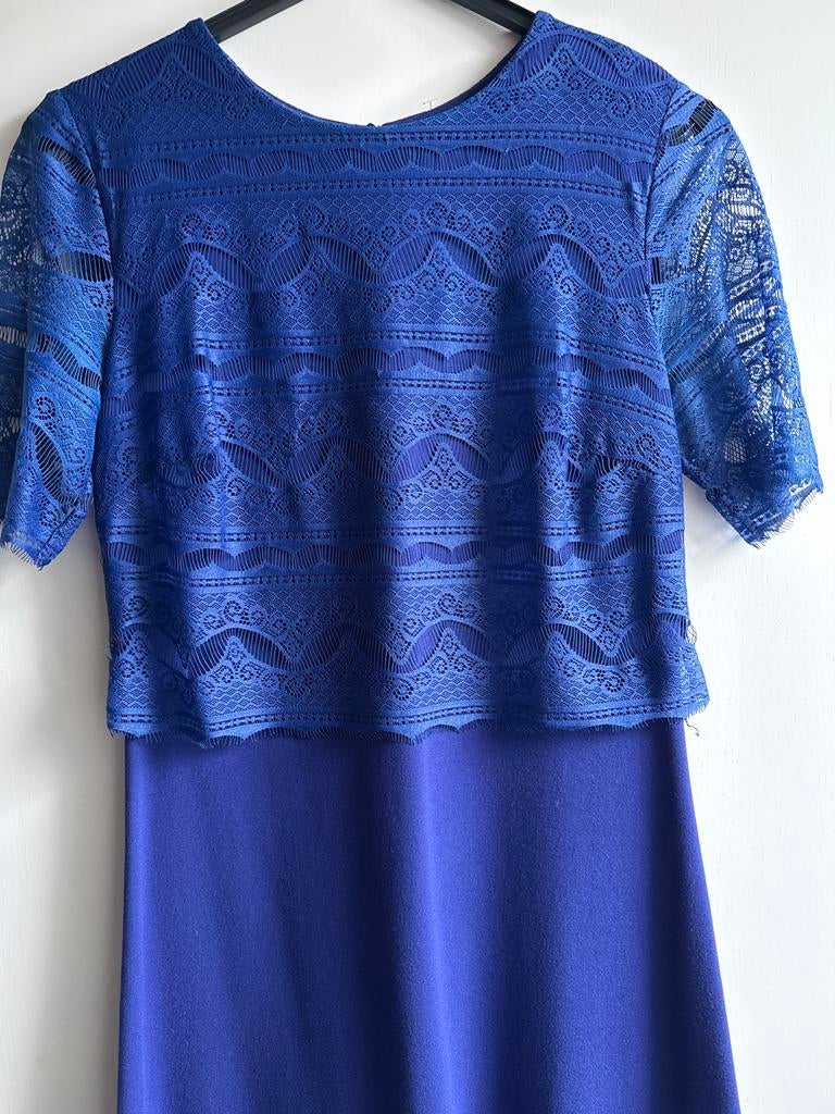 Escada Blauwe jurk met kanten bovenkant, Maat 38/40 (M), Blauw, Ophalen of Verzenden, Zo goed als nieuw