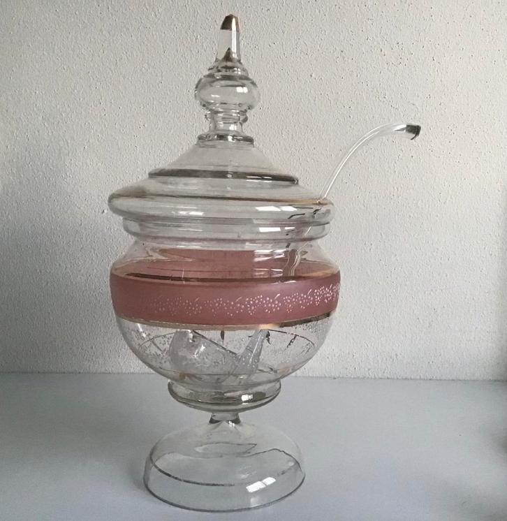 Glazen pot bowlpot + lepel - roze goud wit - glas - bowl, Antiek en Kunst, Antiek | Glas en Kristal, Ophalen of Verzenden