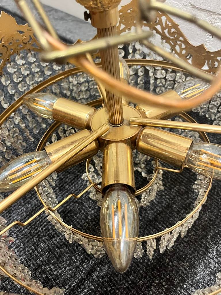 Gouden kroonluchter met 6 lampen en kristallen, Ophalen, Gebruikt, Metaal