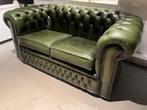 Antiek groene Orginele Chesterfield Bank, Rechte bank, Gebruikt, Leer, Ophalen of Verzenden