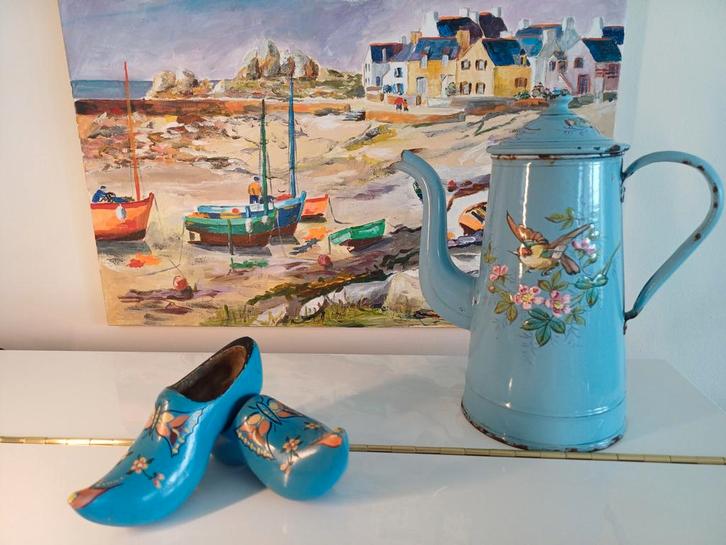 Blauwe Franse Koffiepot met Putter & Bloemen, Antiek en Kunst, Antiek | Emaille, Ophalen of Verzenden