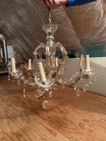 Vintage glazen kroonluchter met kristallen druppels –5 armen beschikbaar voor biedingen