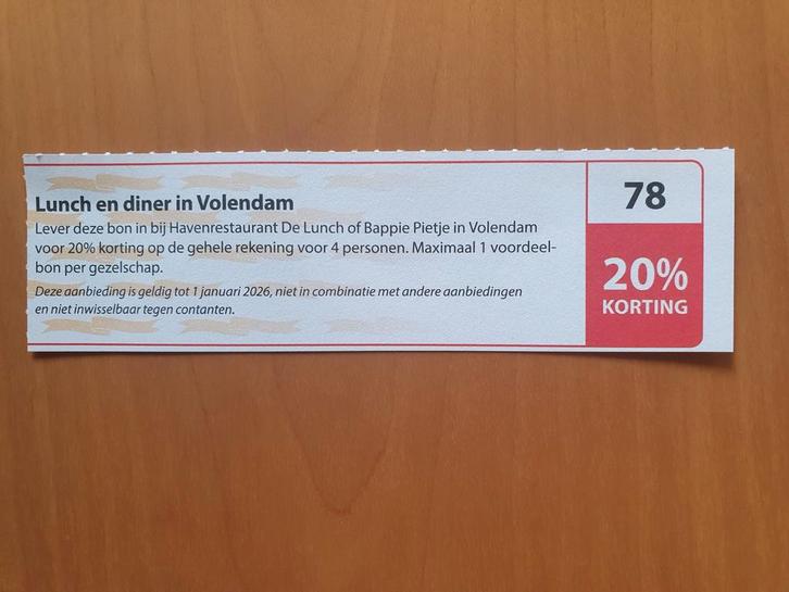 Lunch en diner in Volendam 20% korting maximaal 4 personen, Tickets en Kaartjes, Kortingen en Cadeaubonnen, Drie personen of meer