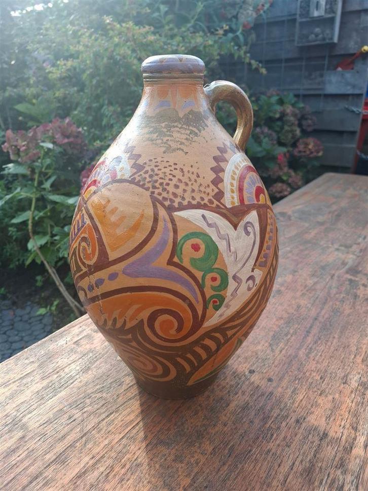 Gres kruik, fraai beschilderd in art deco motief, 34 cm, Antiek en Kunst, Antiek | Keramiek en Aardewerk, Ophalen of Verzenden