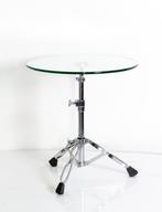 Design bijzettafel met drumstandaard en glasblad (jaren ’90), Minder dan 55 cm, Gebruikt, Glas, Vintage design, chroom, George Rodrigue, industrieel, nineties