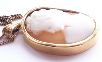 Prachtige antiek gouden hanger camee met ketting 14 karaats beschikbaar voor biedingen