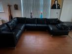 XL zwarte leren hoekbank en hocker, Ophalen of Verzenden, Gebruikt, Leer